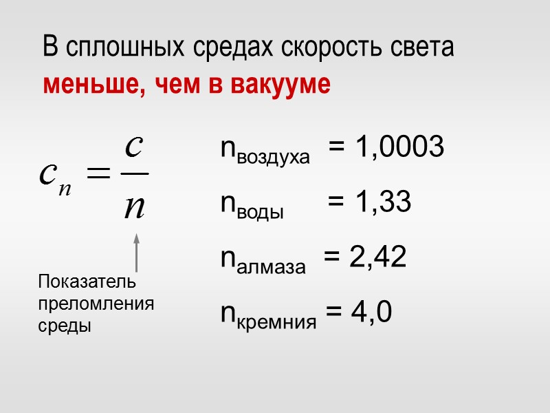 В сплошных средах скорость света меньше, чем в вакууме nвоздуха  = 1,0003 